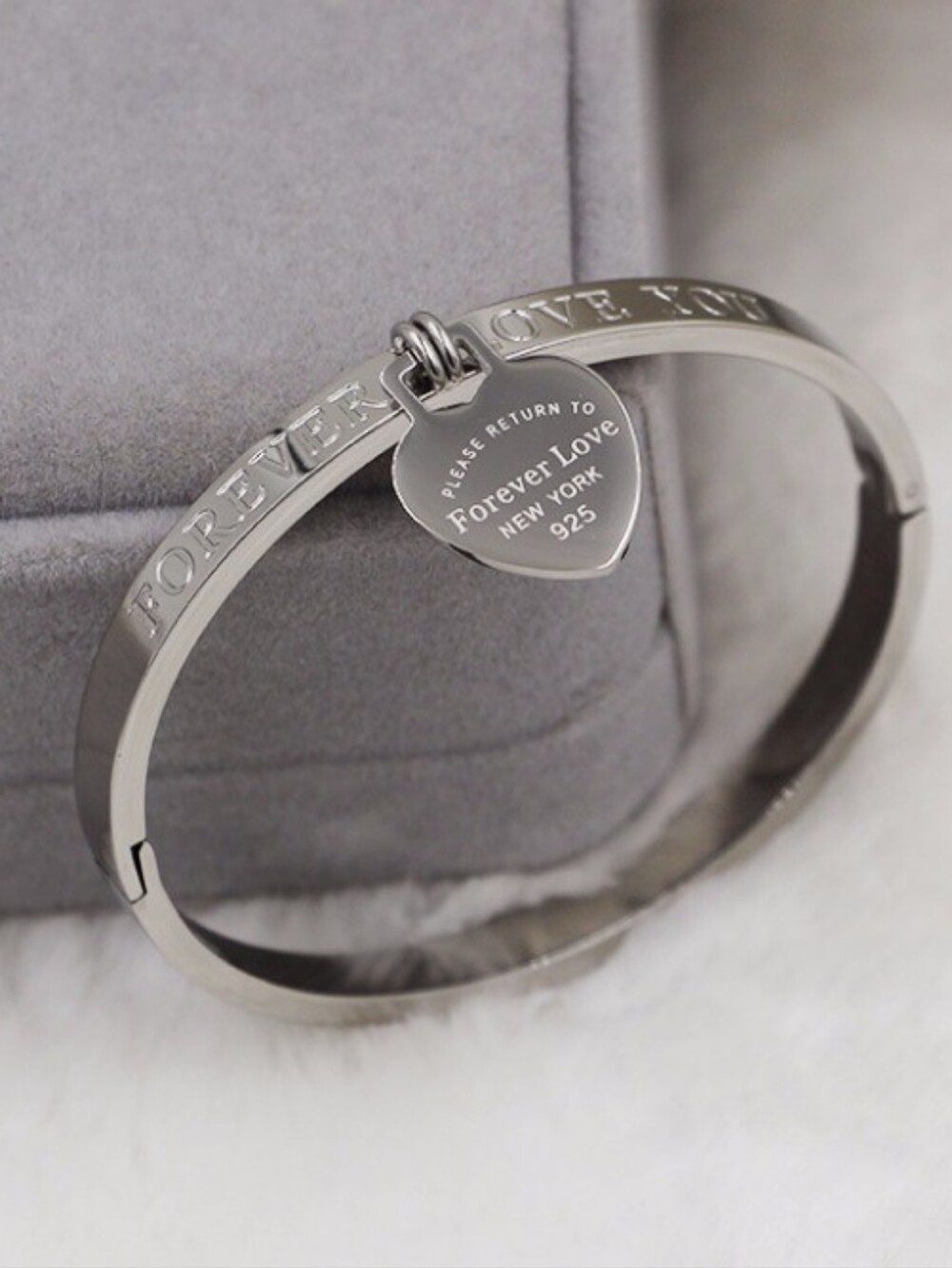 Love Bangle Forever Love New York  Bracelet 925 Silver Engraved Heart Tag Charm